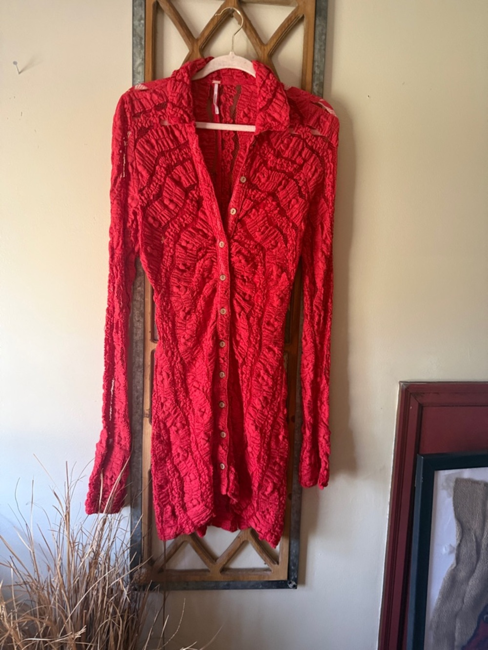 Free People Red Textured open knit design dress; with detachable red slip dress